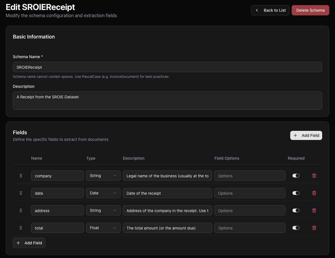 Axia schema configuration for SROIE receipt extraction with company, date, address, and total fields