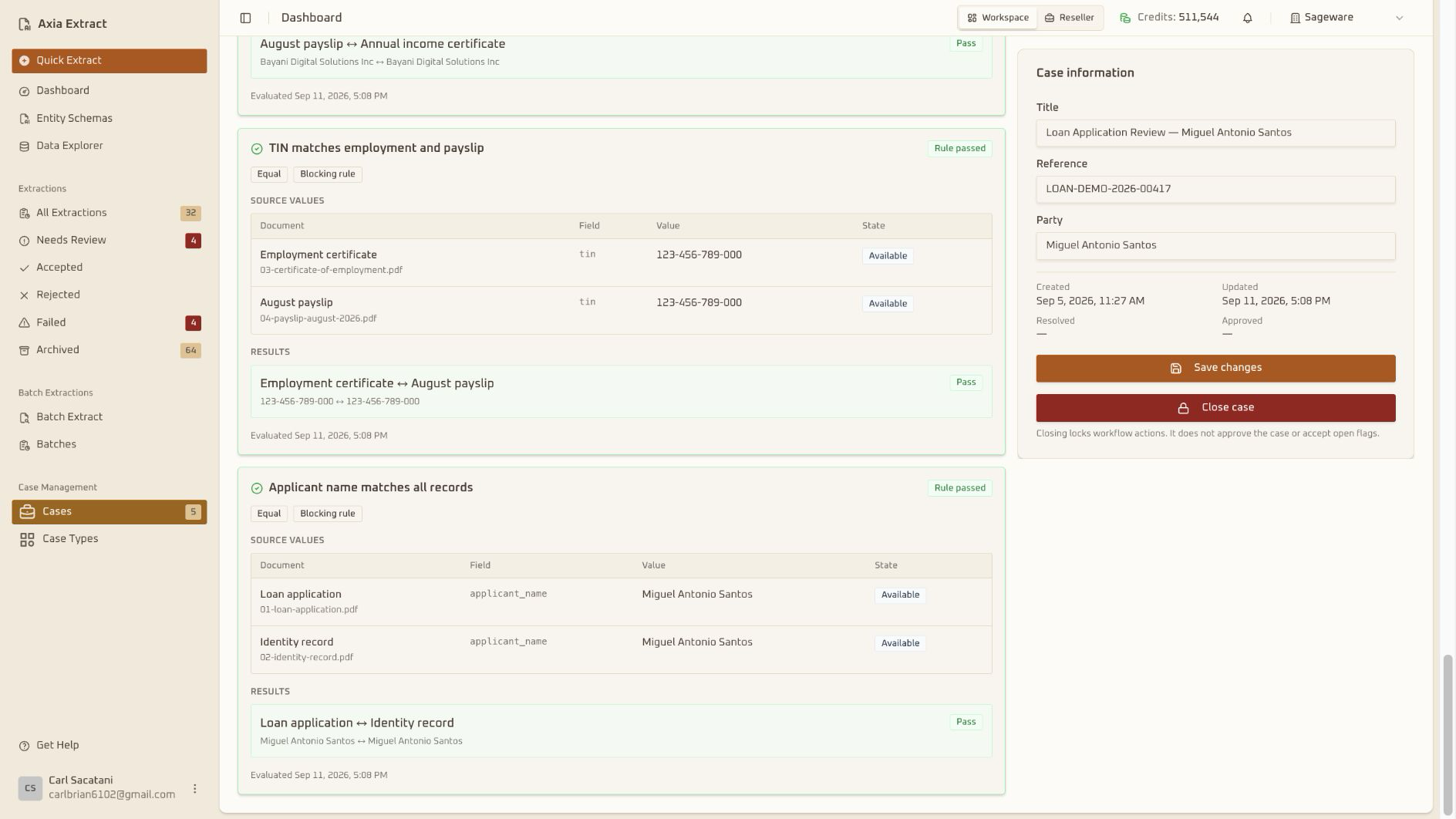 Axia Extract case review showing dynamic rule evaluation counts and source values