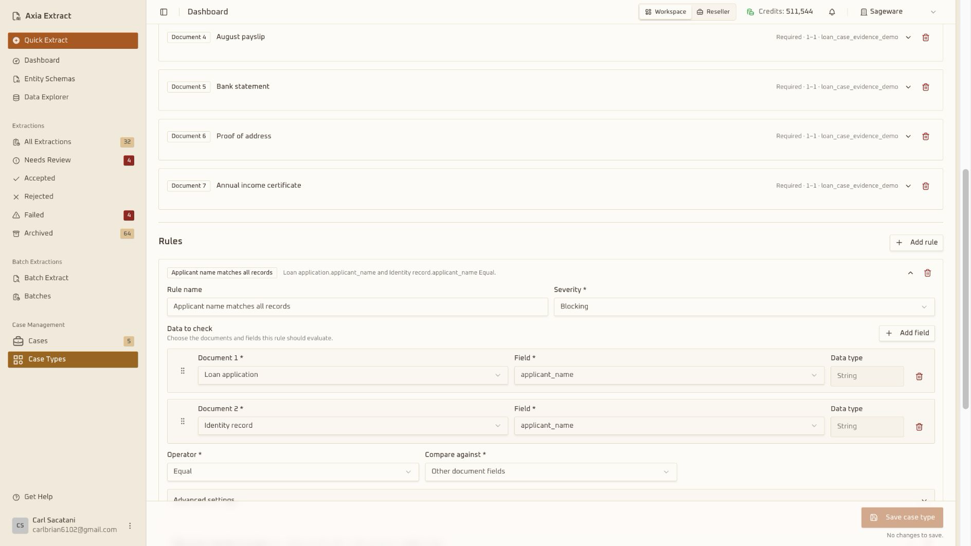 Axia Extract case type editor showing a loan review configuration with document slots