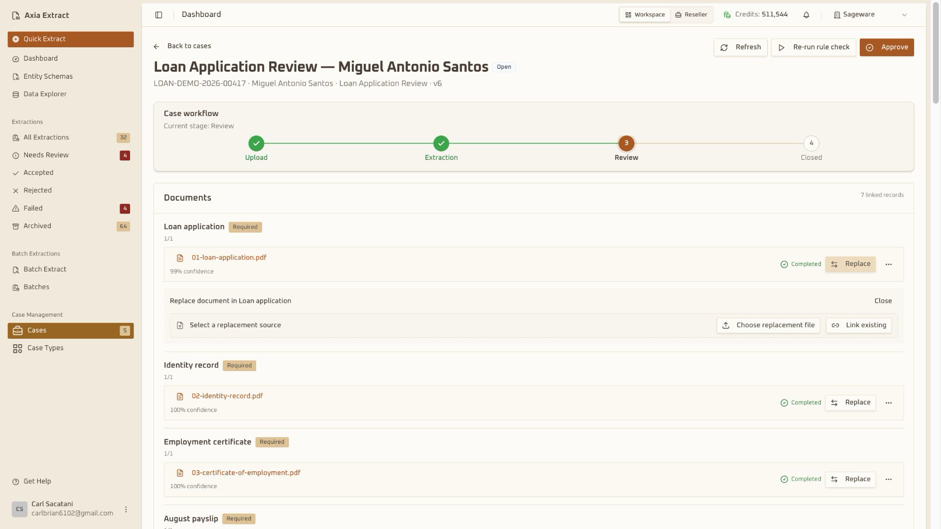 Axia Extract case register showing linked records, flags, and review status